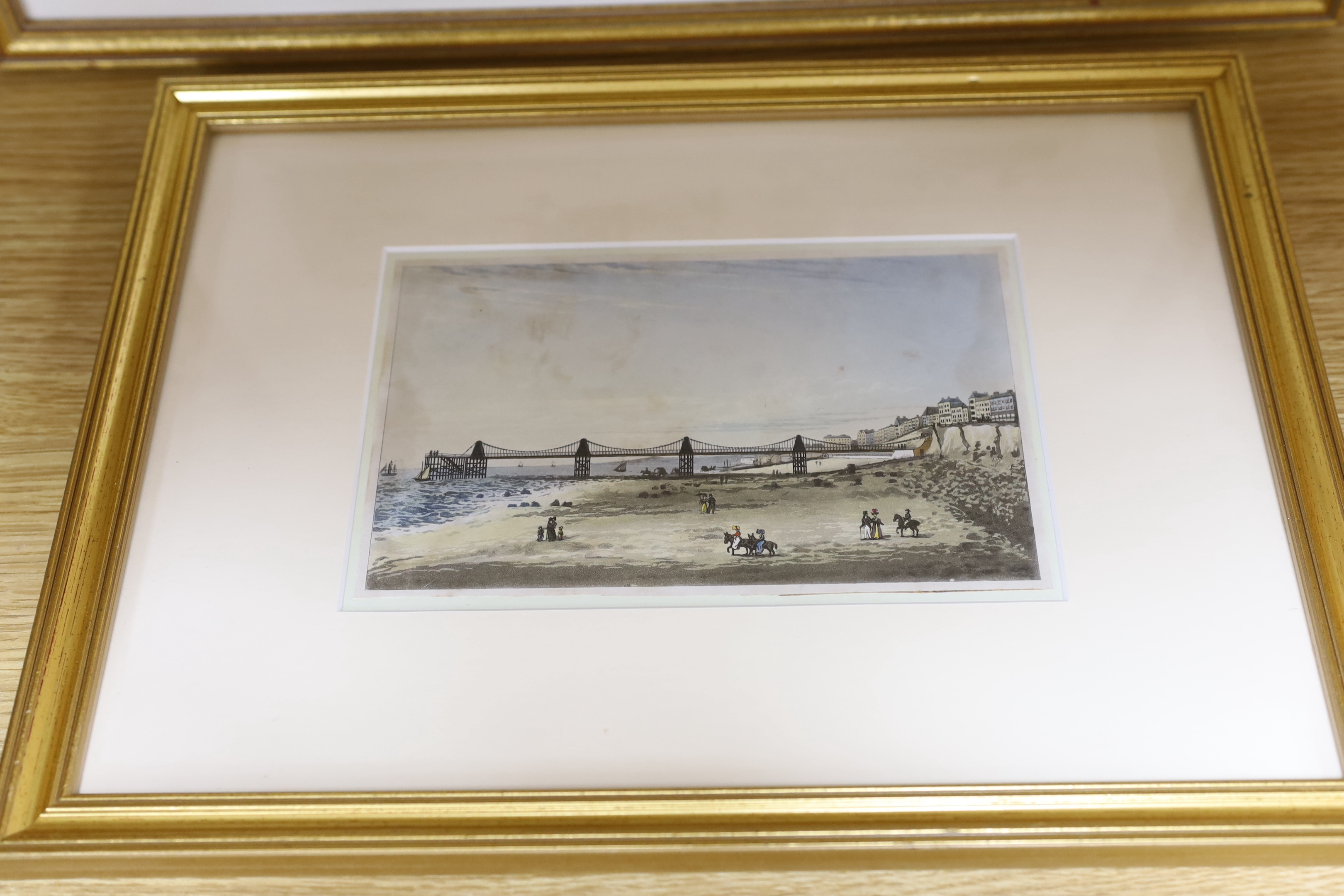 Five 19th century engravings and prints of Brighton Chain pier, some hand coloured including, ‘Chain pier’, publ. J Cordwell, ‘Dieppe steam packet ship’ and one other after R.H Nibbs, printed by C. Moody, largest size 23